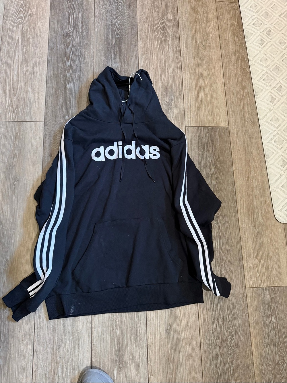 adidas Black Crewneck Hoodie with White Logo and Sleeve Stripes